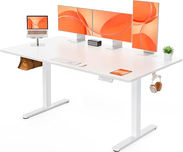 Bureau assis-debout électrique ErGear avec châssis blanc et plateau effet bois