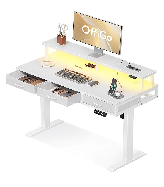 Bureau assis-debout électrique OffiGo avec tiroirs et support de moniteur