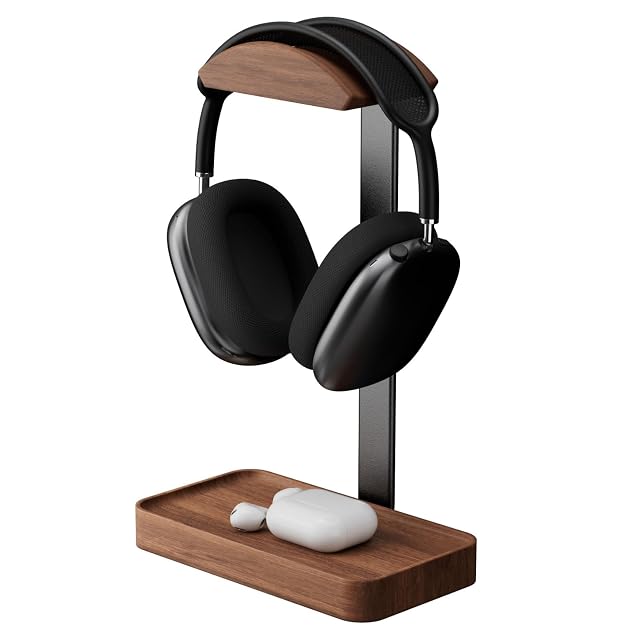 Support de casque en noyer massif muso wood avec un casque