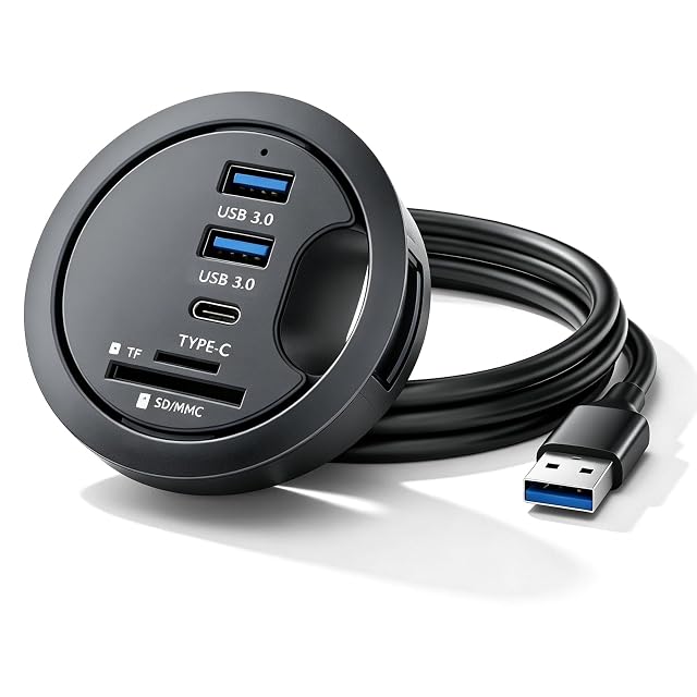 Hub USB Leikurvo monté affleurant dans un trou de passage de bureau